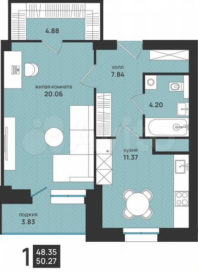 1-к. квартира, 50,3 м², 6/15 эт.