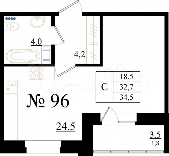 Квартира-студия, 34,5 м², 4/8 эт.