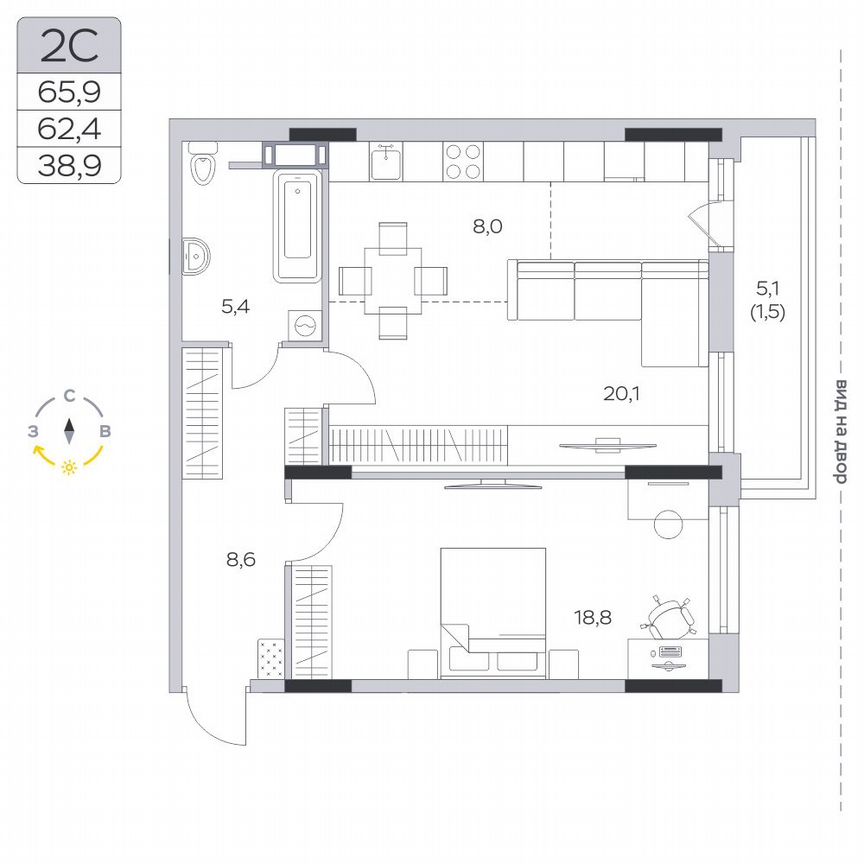 2-к. квартира, 62,1 м², 9/9 эт.