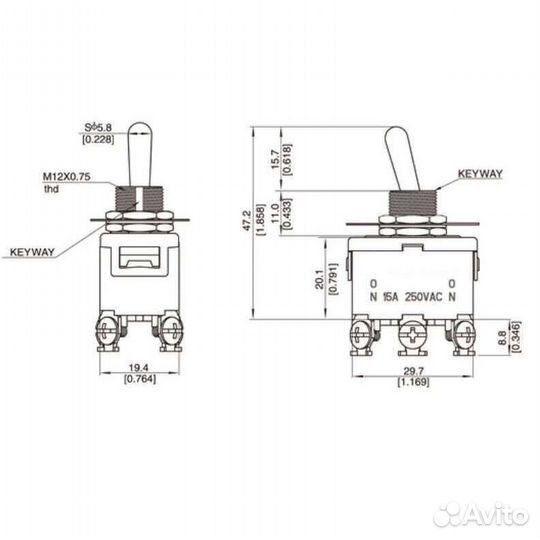 E-TEN1322 Тумблерный переключатель ON-OFF-ON 6pin 15A (1 шт.)