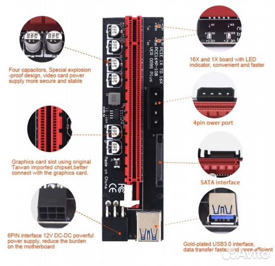 Разветвитель pci-e x1 to 4 usb 3.0,Райзер 009s plu
