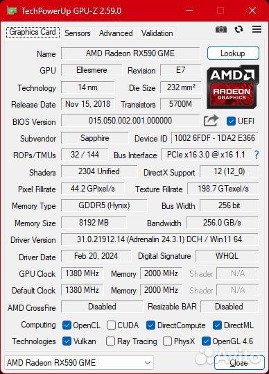 Sapphire rx 590 nitro se 8gb
