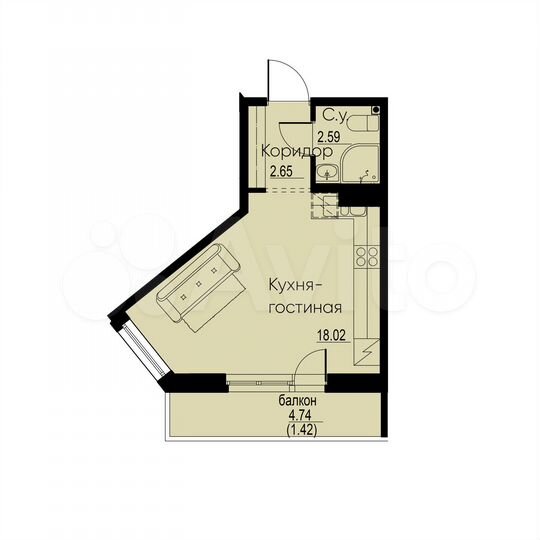 Квартира-студия, 24,7 м², 3/12 эт.