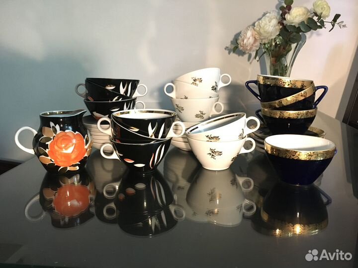 Чайные пары, сливочник Дулёво и сахарница лфз