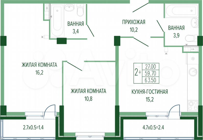 2-к. квартира, 64,9 м², 2/7 эт.