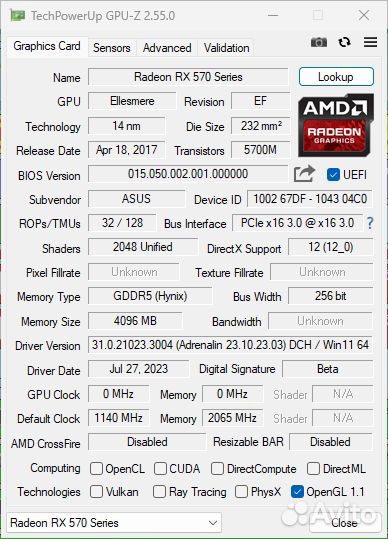 Видеокарта Asus Radeon RX 570 4gb