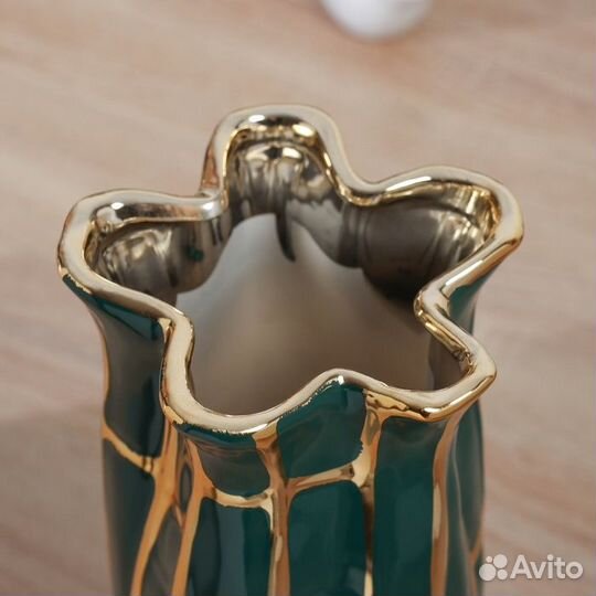 Керамическая ваза для цветов, сухоцветов 'Бенце' сетка, настольная, 26.5x12 см, зелёный