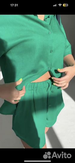 Костюм лён шорты рубашка зеленый