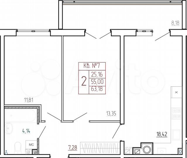 2-к. квартира, 63,2 м², 2/9 эт.