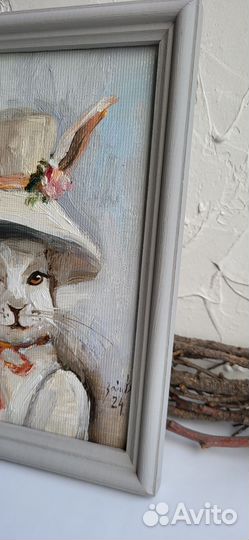 Девочка зайчик. Картина маслом на картоне в рамке