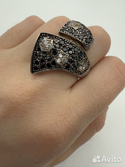 Кольцо серебро 925 звезды чёрный агат/фианит
