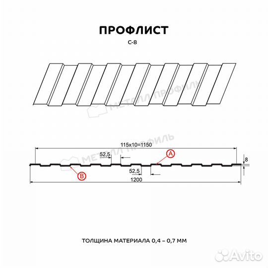 Профнастил (м2) С-8 А Полиэстер 0,45 мм, Цвет Ral 7004, Покрытие Полиэстер, Толщина металла 0,45 мм