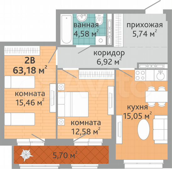2-к. квартира, 63,2 м², 9/9 эт.