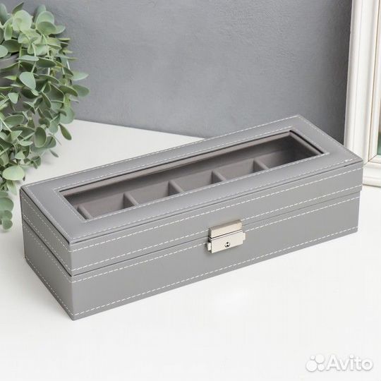 Шкатулка кожзам под часы 6 отделений 'Серая с бело