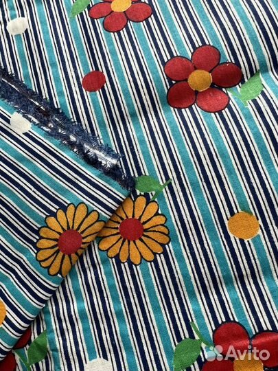 Винтажный хлопок в полоску с цветами, ткань СССР
