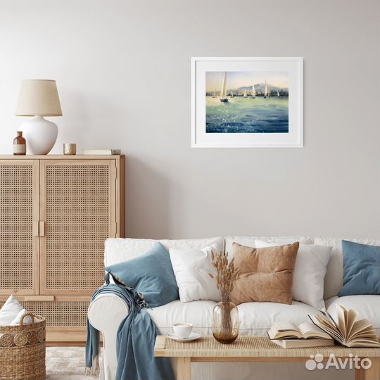 Картина акварель 25х35см Морской пейзаж с лодками