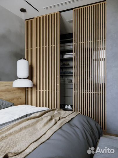 Реечный шкаф-купе в нишу под ключ