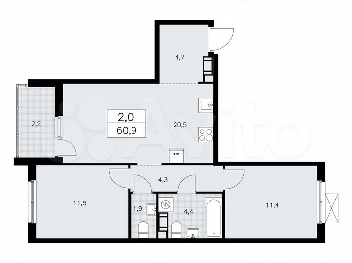 2-к. квартира, 60,9 м², 6/11 эт.