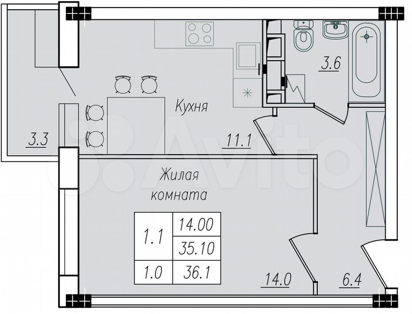 1-к. квартира, 36,1 м², 6/10 эт.