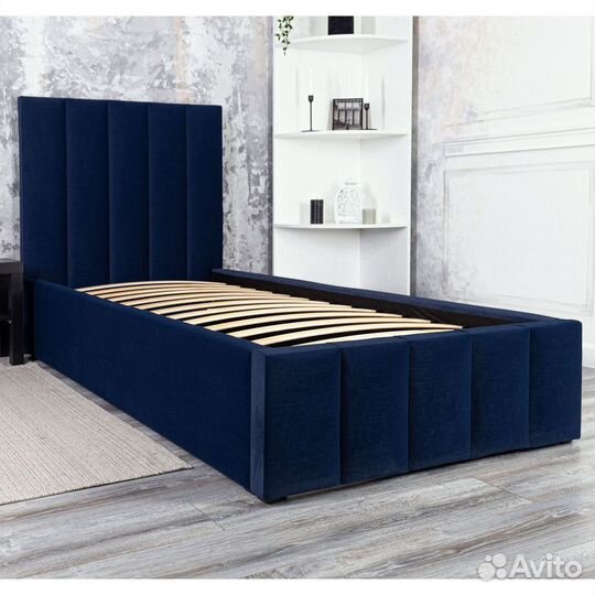 Кровать односпальная Богема 90х200 в велюре Синяя