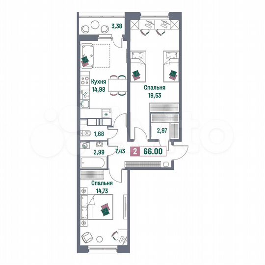2-к. квартира, 66 м², 15/16 эт.