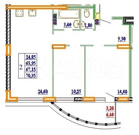 2-к. квартира, 70,4 м², 3/14 эт.