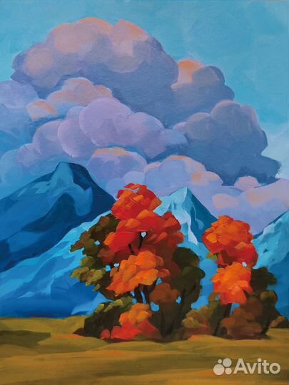 Картина живопись авторская Пейзаж горы, облака