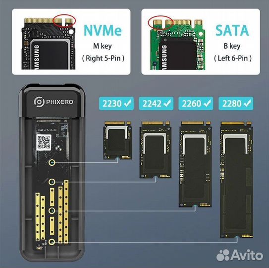 Корпус phixero M.2 nvme SSD ngff SATA 10 Гбит