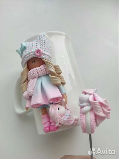 2 Кружки + 2 ложки с декором из полимерной глины