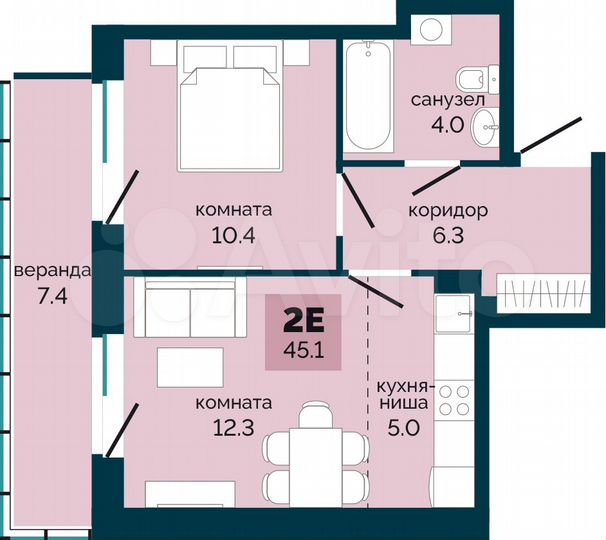 2-к. квартира, 45,1 м², 3/10 эт.