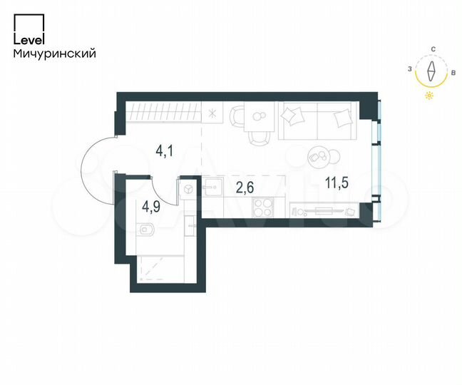 Квартира-студия, 23,1 м², 2/30 эт.