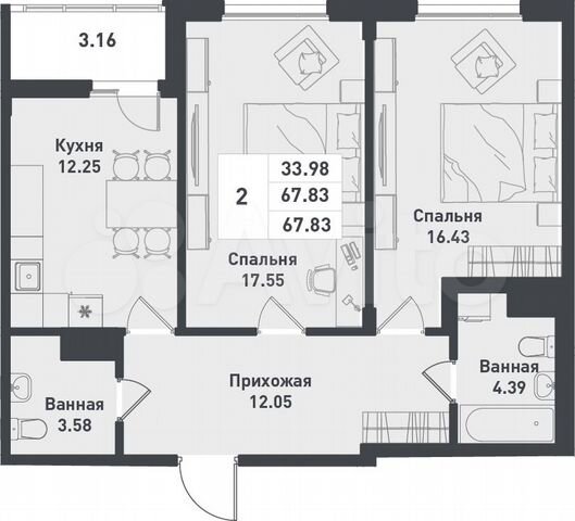 2-к. квартира, 67,8 м², 8/12 эт.