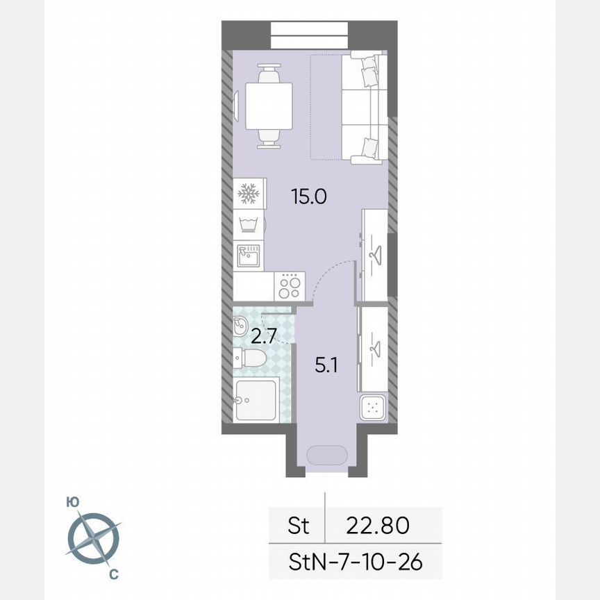 Квартира-студия, 22,8 м², 26/28 эт.