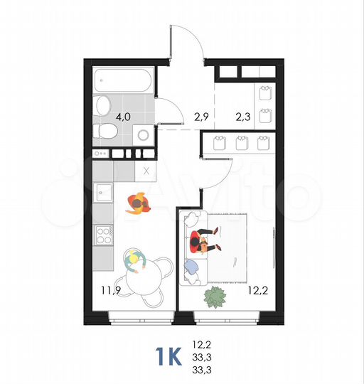 1-к. квартира, 33,3 м², 3/6 эт.