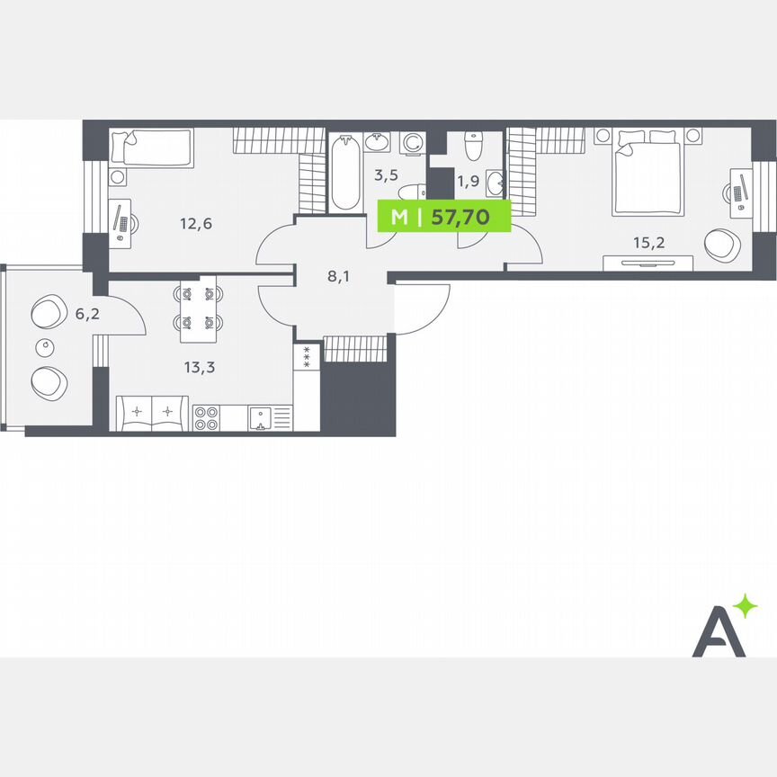 2-к. квартира, 57,7 м², 12/12 эт.