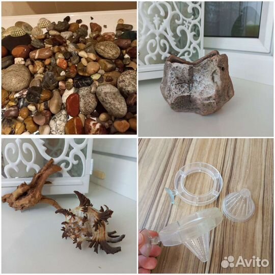 Камни, кормушки, ракушка,горшочек для аквариума