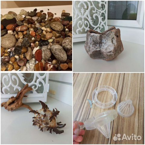 Камни, кормушки, ракушка,горшочек для аквариума