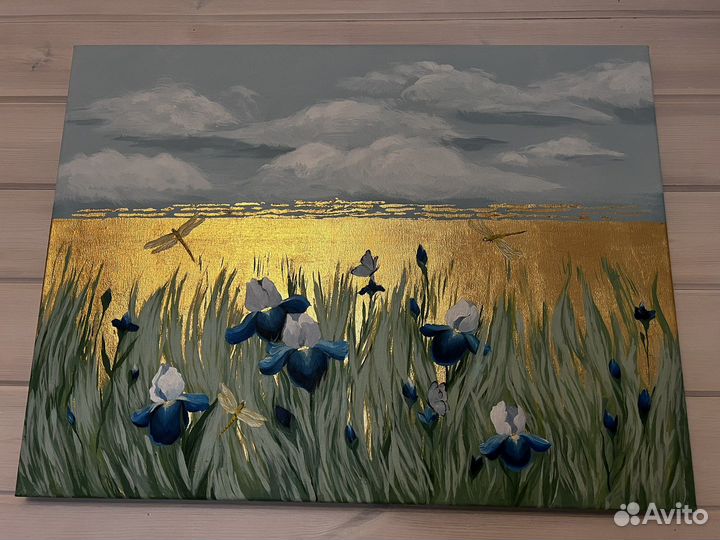Картина маслом на холсте ирисы 80 на 60