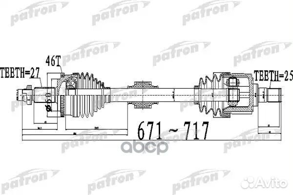 Полуось передний мост слева 27X671X60X25 ABS:46T