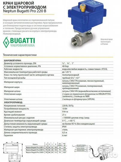 Кран шаровый Neptun Bugatti Pro 220В Ду 25 (1