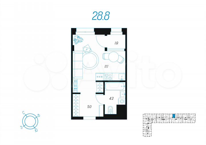 1-к. квартира, 28,8 м², 11/24 эт.