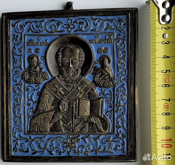 Старинная Икона с эмалями. Николай Чудотворец