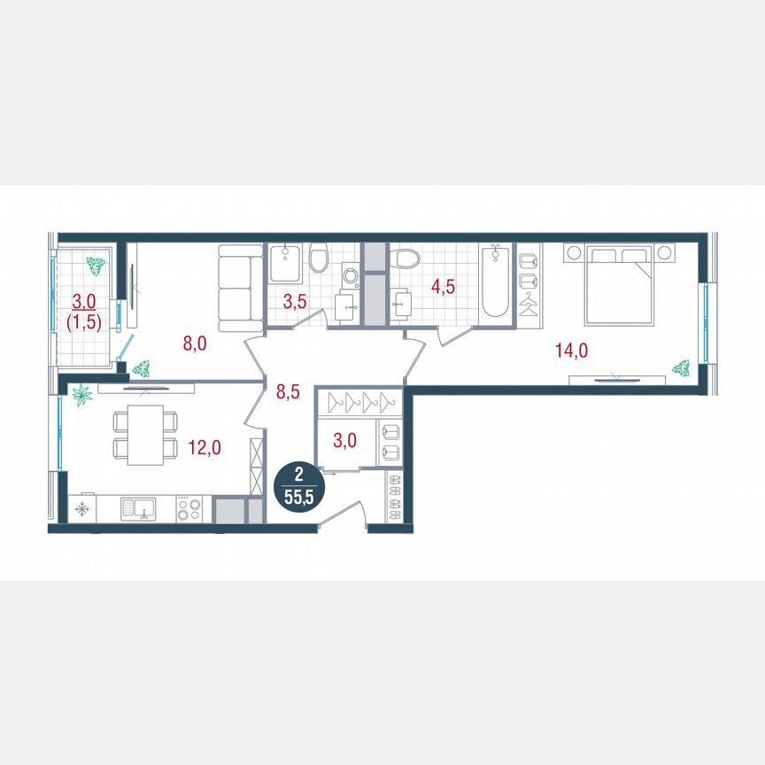 2-к. квартира, 55 м², 13/17 эт.