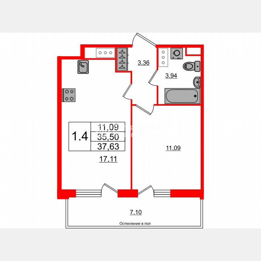 1-к. квартира, 37,6 м², 12/12 эт.