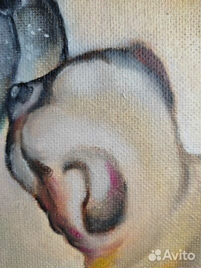 Картина маслом на оргалите (двп) Мопсы