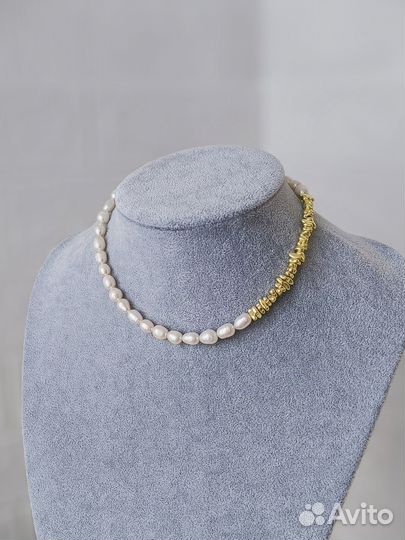 Ожерелье из натурального жемчуга с гематитом