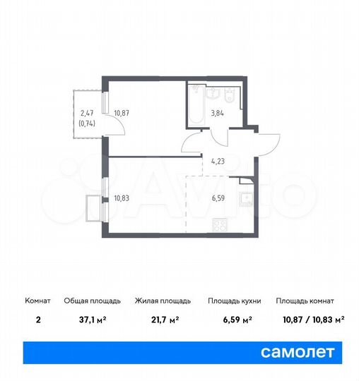 2-к. квартира, 37,1 м², 8/14 эт.
