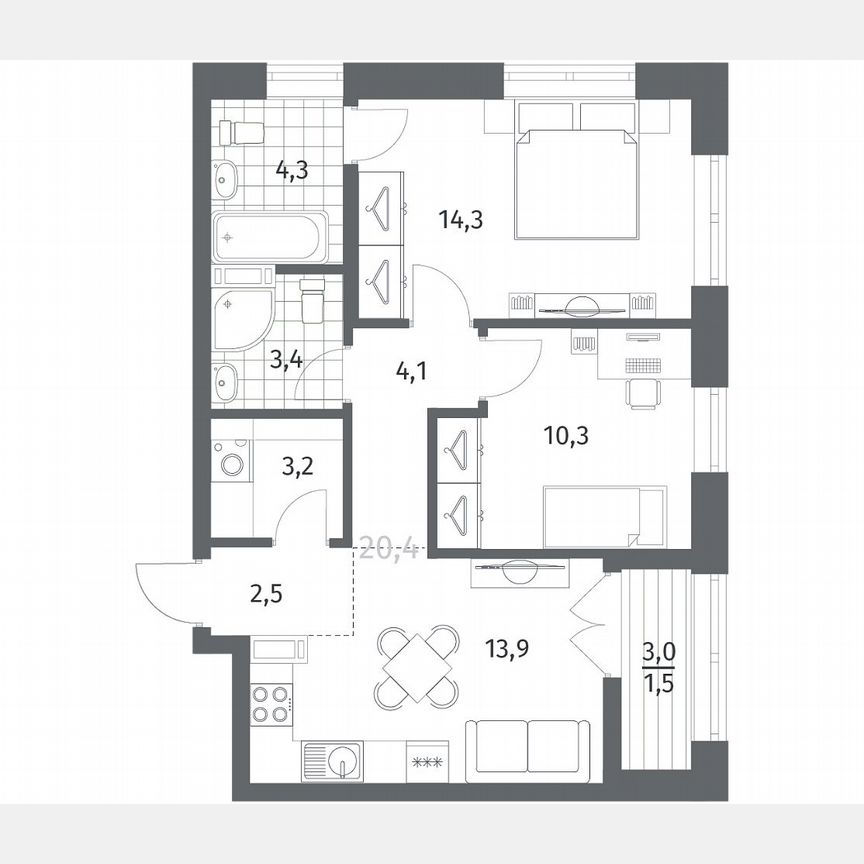 2-к. квартира, 57,4 м², 3/12 эт.