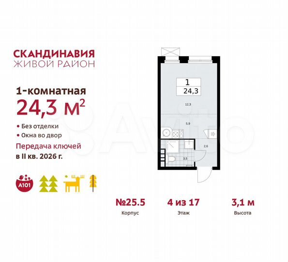 Квартира-студия, 24,3 м², 4/17 эт.