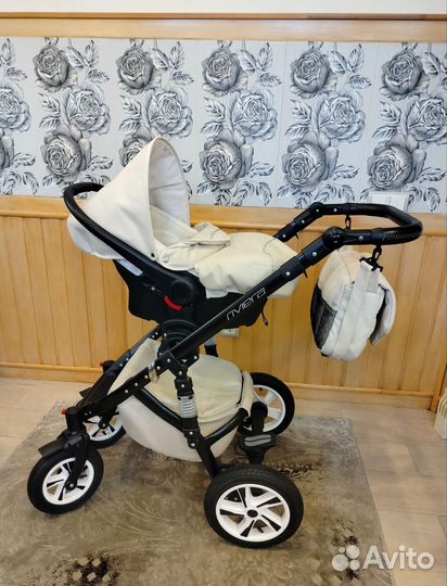 Коляска эко-кожа 3 в 1, цвет молочный